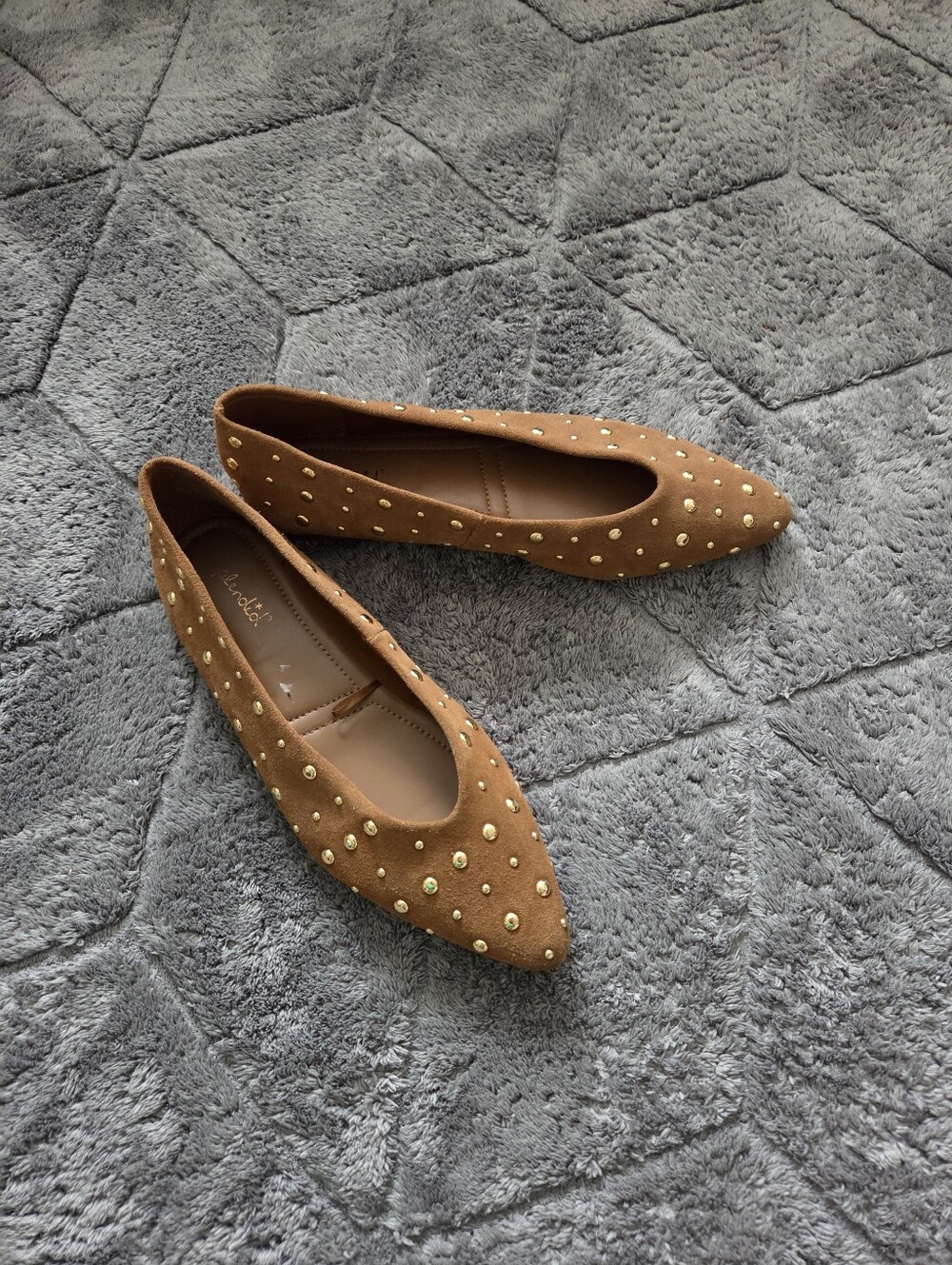 Splendid Latouche Tan Suede Pointed Toe Slip On Flats with Gold Studs 8.5 Fall
